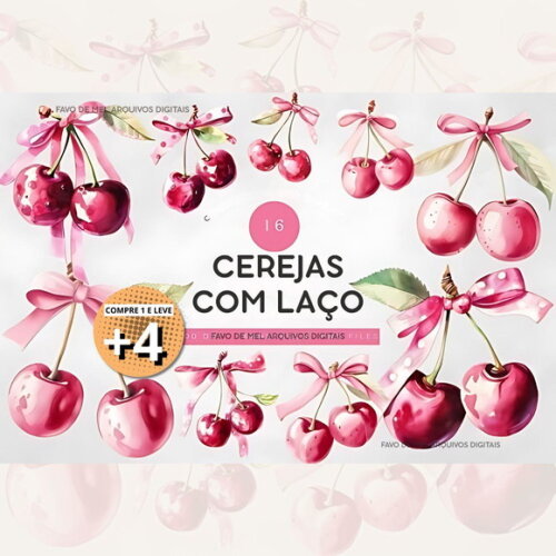 Kit Digital Cerejas com Laço Coquette Aquarela Png