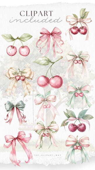 Kit Digital Cerejas com Laço Coquette Aquarela #2 Png