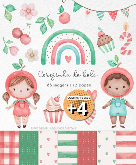 Kit Digital Cerejinha do Bolo Aquarela #6 (pague 1 Leve +4)