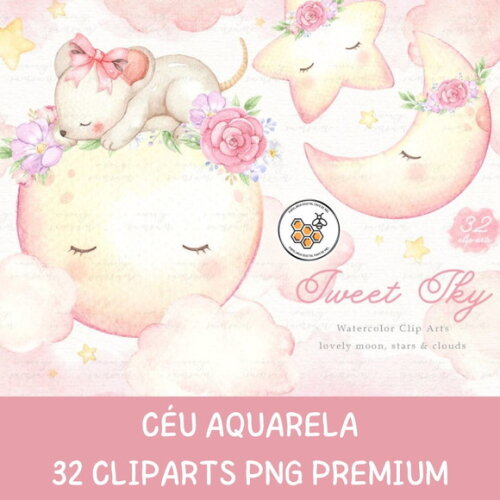 Kit Digital Céu Menina Aquarela Premium - Sweet Sky