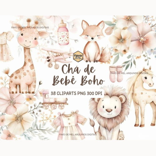 Kit Digital Chá de Bebê Boho Neutro Aquarela Png #2