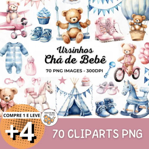 Kit Digital Chá de Bebê Aquarela - Chá Revelação Ursinhos