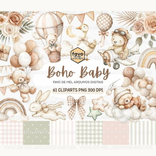 Kit Digital Chá de Bebê Boho Neutro Aquarela Png #3