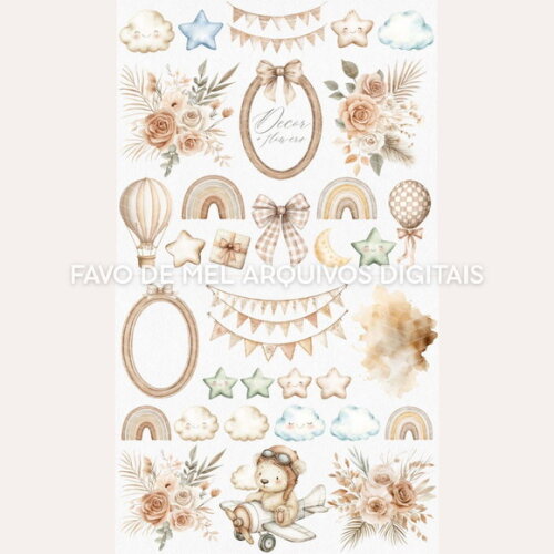 Kit Digital Chá de Bebê Boho Neutro Aquarela Png #3