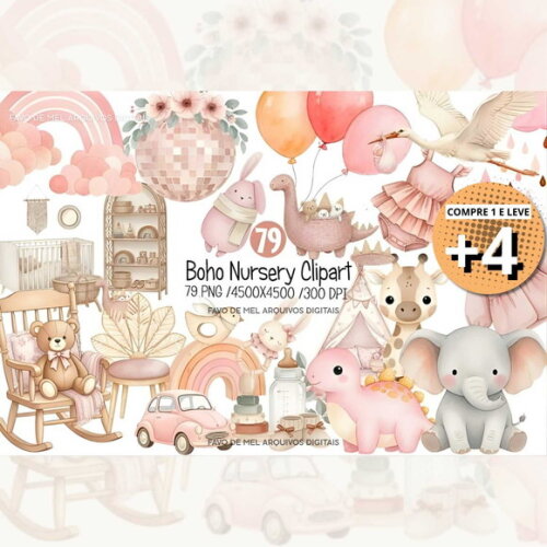 Kit Digital Chá de Bebê Boho Rosa Aquarela Png
