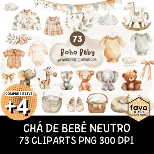 Kit Digital Chá de Bebê Boho Neutro Newborn Png #4