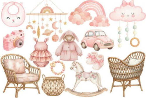Kit Digital Chá de Bebê Boho Rosa Aquarela Png