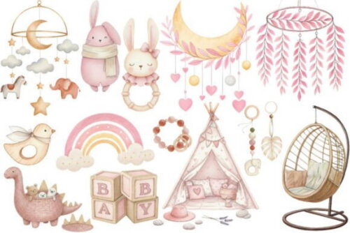 Kit Digital Chá de Bebê Boho Rosa Aquarela Png