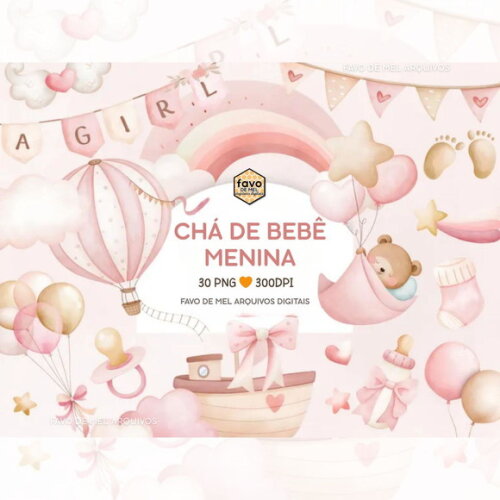 Kit Digital Chá de Bebê Menina Aquarela Premium Png