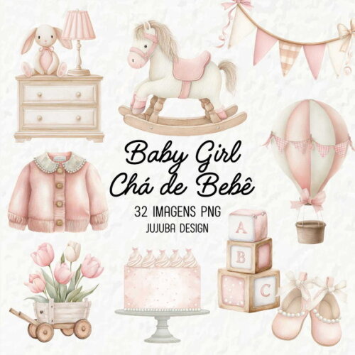 Kit Digital Chá de Bebê Rosa Menina Aquarela Png Baby Girl