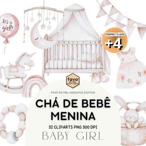 Kit Digital Chá de Bebê Menina Baby Girl Png Aquarela