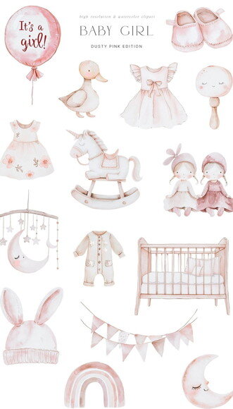 Kit Digital Chá de Bebê Menina Baby Girl Png Aquarela