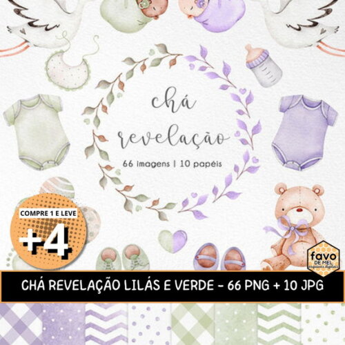 Kit Digital Chá Revelação Aquarela - Verde e Lilás