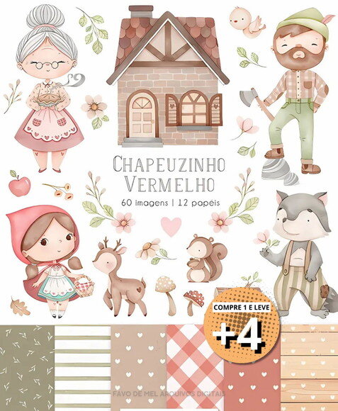 Kit Digital Chapeuzinho Vermelho Aquarela (pague 1 Leve 5)