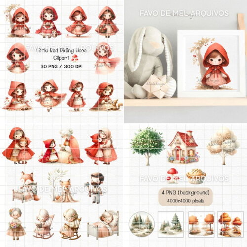 Kit Digital Chapeuzinho Vermelho Aquarela 04 Png Premium