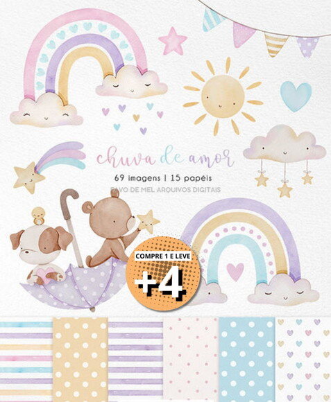Kit Digital Chuva de Amor Aquarela 02 (pague 1 Leve +4)