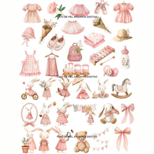 Kit Digital Coelhinha Rosa Aquarela Png (pague 1 Leve +4)