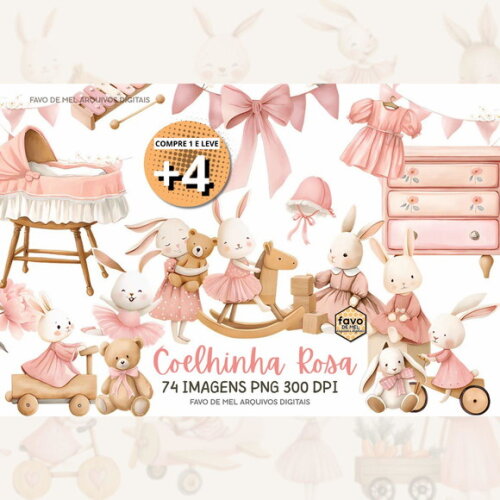 Kit Digital Coelhinha Rosa Aquarela Png (pague 1 Leve +4)