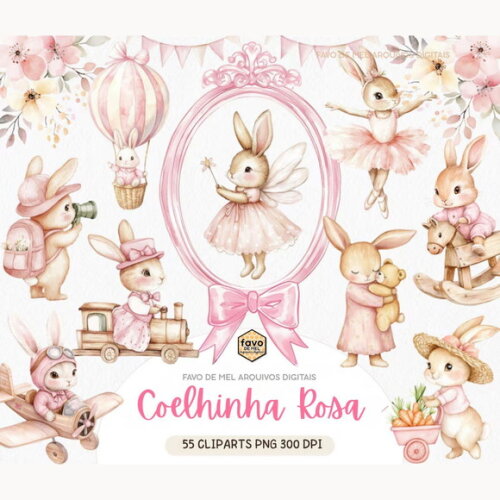 Kit Digital Coelhinha Rosa Aquarela Premium Png