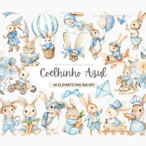 Kit Digital Coelhinho Azul Aquarela Premium Png
