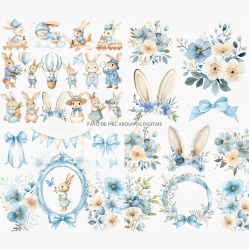 Kit Digital Coelhinho Azul Aquarela Premium Png
