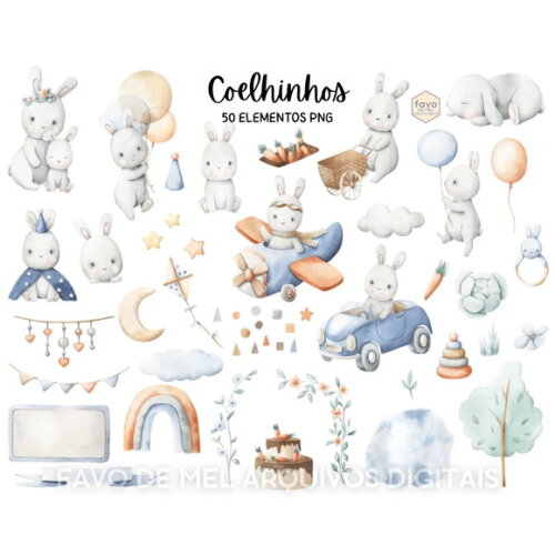 Kit Digital Coelhinhos Aquarela Png #4