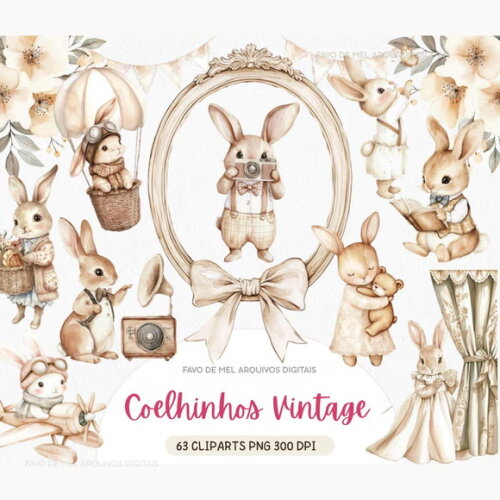 Kit Digital Coelhinhos Vintage Aquarela Png