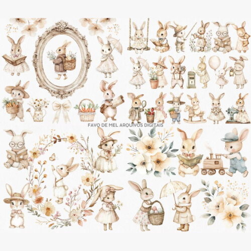 Kit Digital Coelhinhos Vintage Aquarela Png