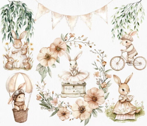 Kit Digital Coelhinhos Vintage Aquarela Png