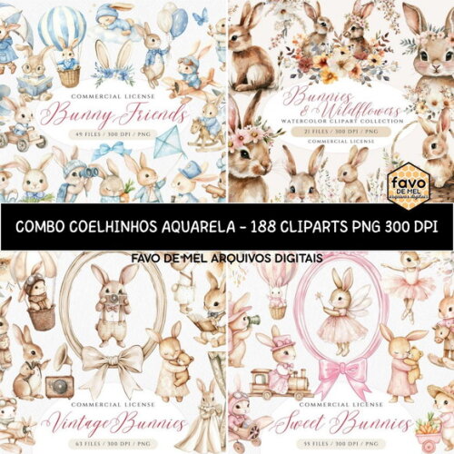 Kit Digital Combo Ilustrações Coelhinhos Aquarela Premium