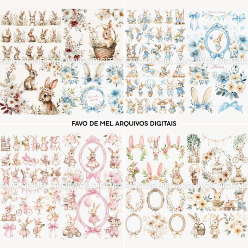 Kit Digital Combo Ilustrações Coelhinhos Aquarela Premium