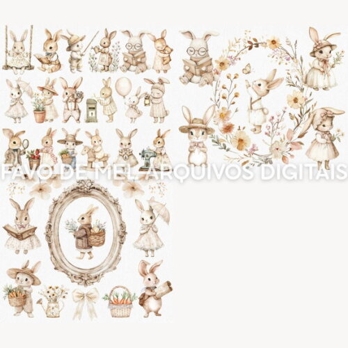 Kit Digital Combo Ilustrações Coelhinhos Aquarela Premium