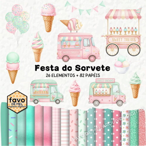 Kit Digital Confeitaria #16 Festa do Sorvete Aquarela Png