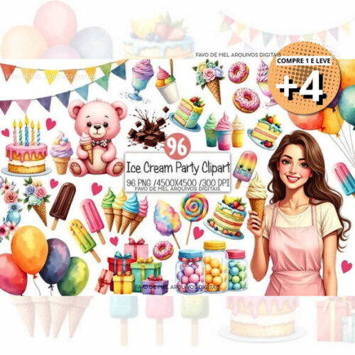 Kit Digital Confeitaria #2 Festa do Sorvete Aquarela Png