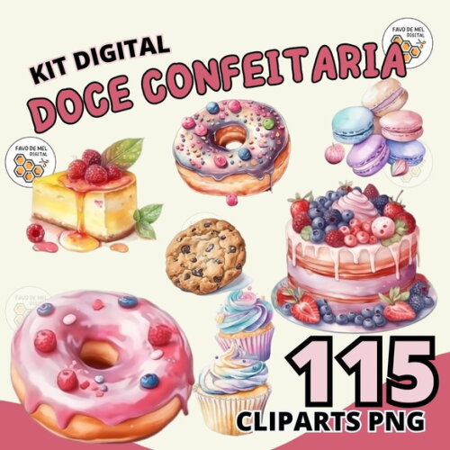 Kit Digital Confeitaria Aquarela #7 Mundo Doce Png Premium
