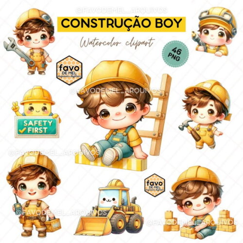 Kit Digital Construção Aquarela 03 - Cute Construction Boy