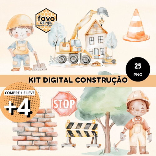 Kit Digital Construção Aquarela 02 - Construction Day (paa)