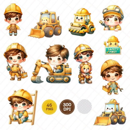Kit Digital Construção Aquarela 03 - Cute Construction Boy