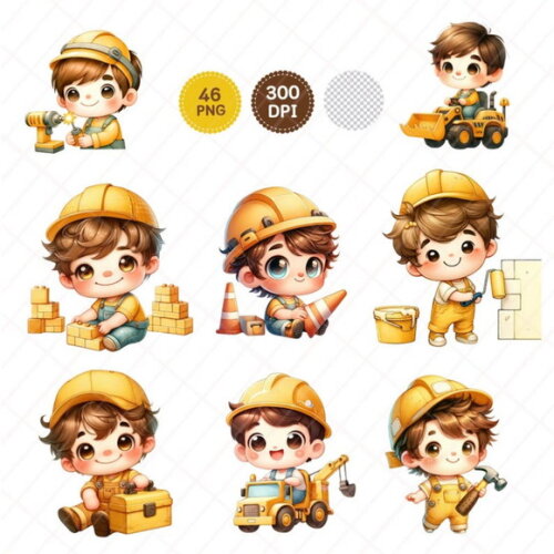 Kit Digital Construção Aquarela 03 - Cute Construction Boy