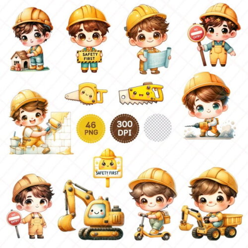 Kit Digital Construção Aquarela 03 - Cute Construction Boy