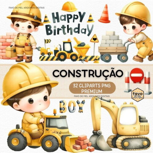 Kit Digital Construção Aquarela 08 - Menino Construtor Png
