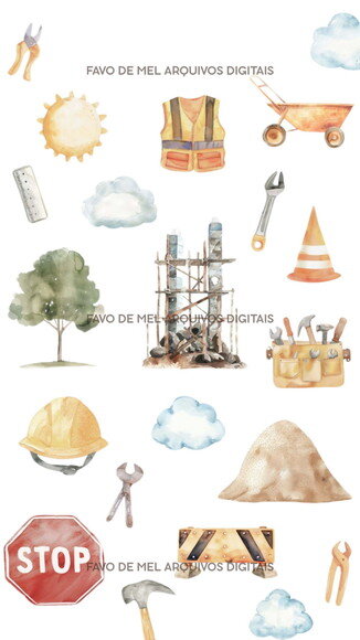 Kit Digital Construção Aquarela 09 - Construtores e Máquinas