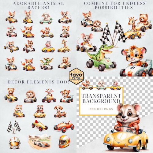 Kit Digital Corrida dos Animais Fórmula 1 Aquarela Png