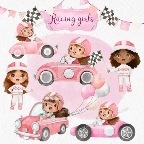 Kit Digital Corrida Rosa - Fórmula 1 Meninas Aquarela Png