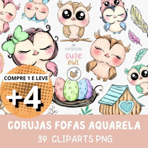 Kit Digital Corujas Fofas Aquarela - Cute Owl