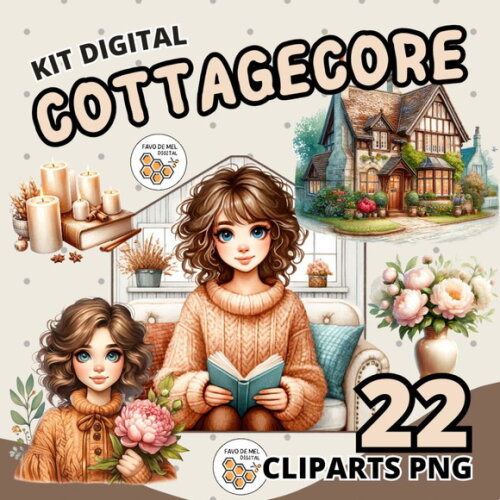 Kit Digital Cottagecore Aquarela - Meninas Flores Outono