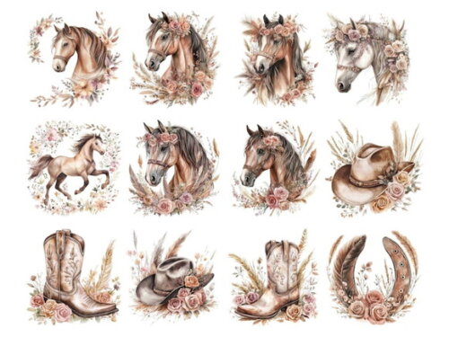 Kit Digital Country Boho Floral - Cavalo Aquarela