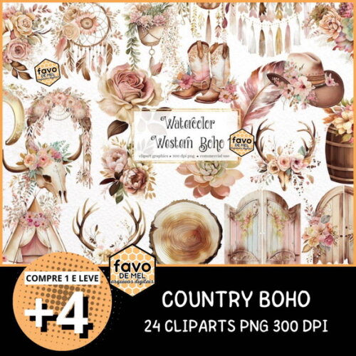 Kit Digital Country Floral Pink Boho -boiadeira Rosa Cowgirl