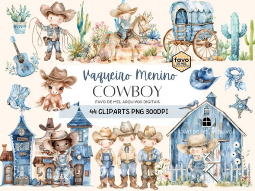 Kit Digital Cowboy Aquarela #10 Cowboy Azul Png Premium
