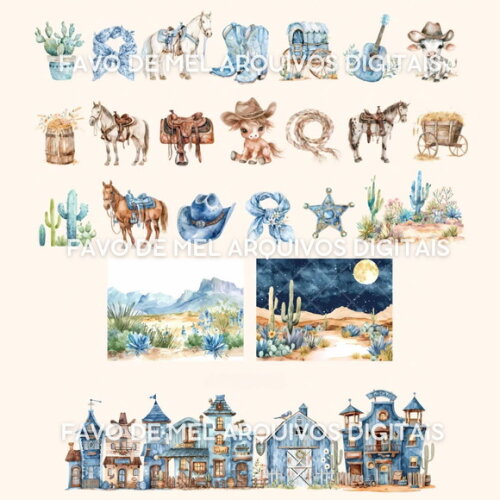 Kit Digital Cowboy Aquarela #10 Cowboy Azul Png Premium
